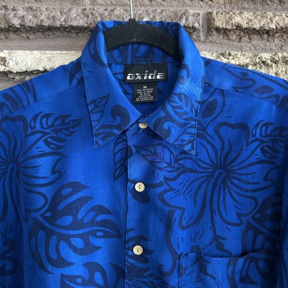 Oxide Men's Vintage 80s Blue Floral Short Sleeve Disco Shirt Size Medium - Picture 6 of 8